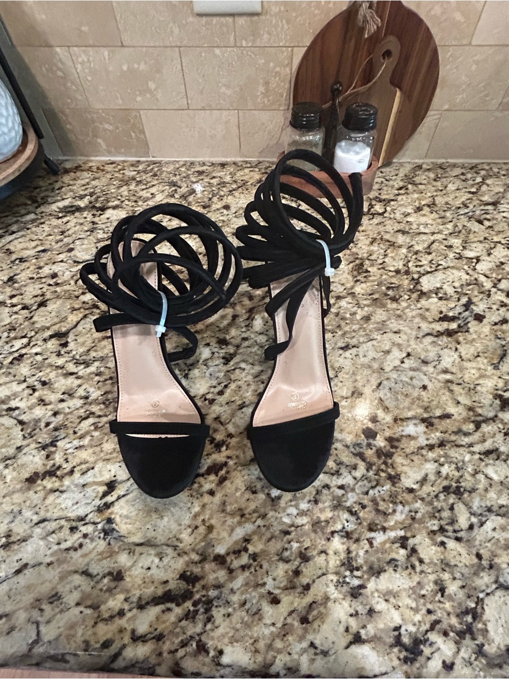 Love Mark Black Suede Ankle Wrap High Heels size 7